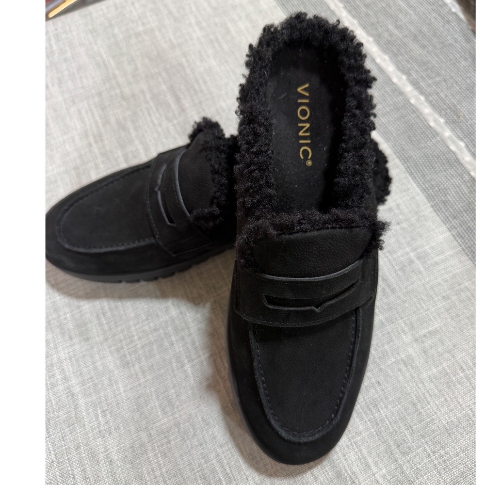 Vionic Uptown Mule Black Nubuck Faux Fur Penny Loafer Slippers Womens 7.5